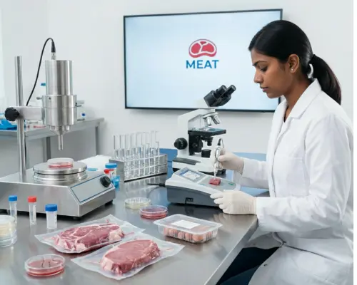 Technician analysing meat product samples for safety and quality