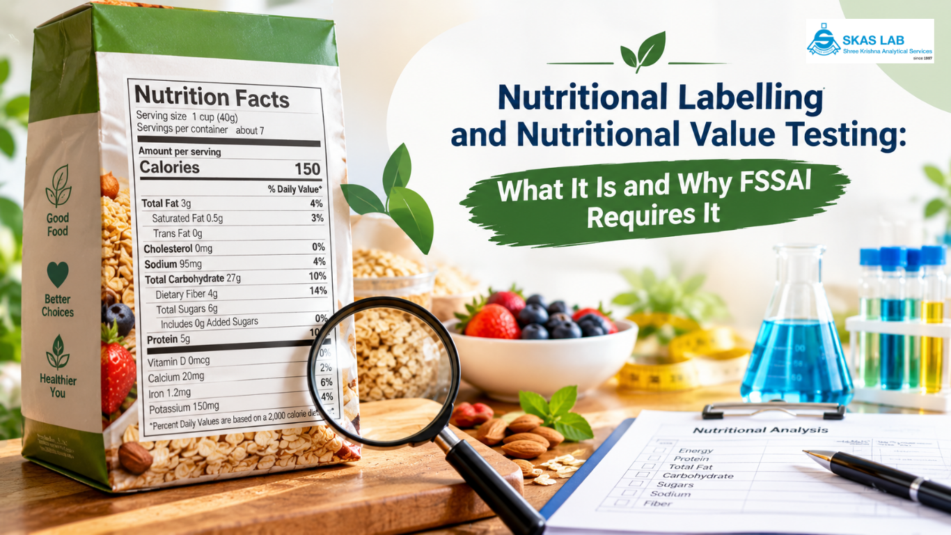 An infographic banner explaining Nutritional Value Testing and FSSAI food labeling guidelines by SKAS LAB, showing a nutrition facts label and laboratory equipment.