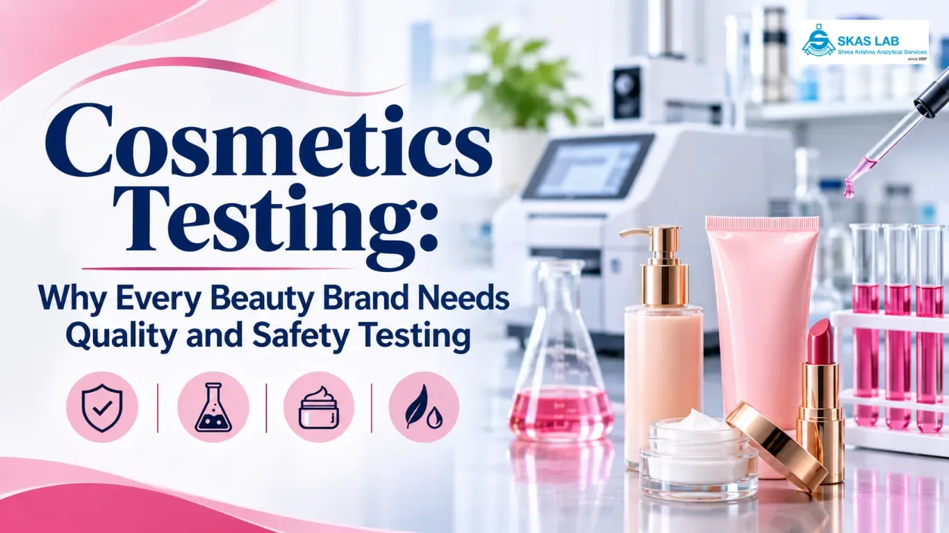 Cosmetics testing infographic by SKAS LAB showing beauty products like lipstick, lotion, cream, and tubes alongside laboratory glass beakers.