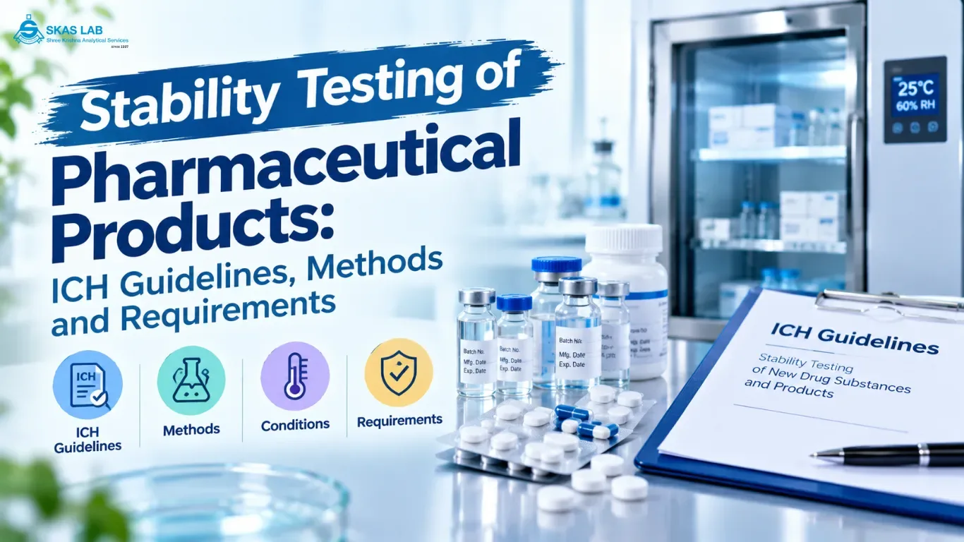 Pharmaceutical Stability Testing Infographic Stability testing of pharmaceutical products infographic featuring medicine vials, blister packs, a clipboard, and a 25°C stability chamber.